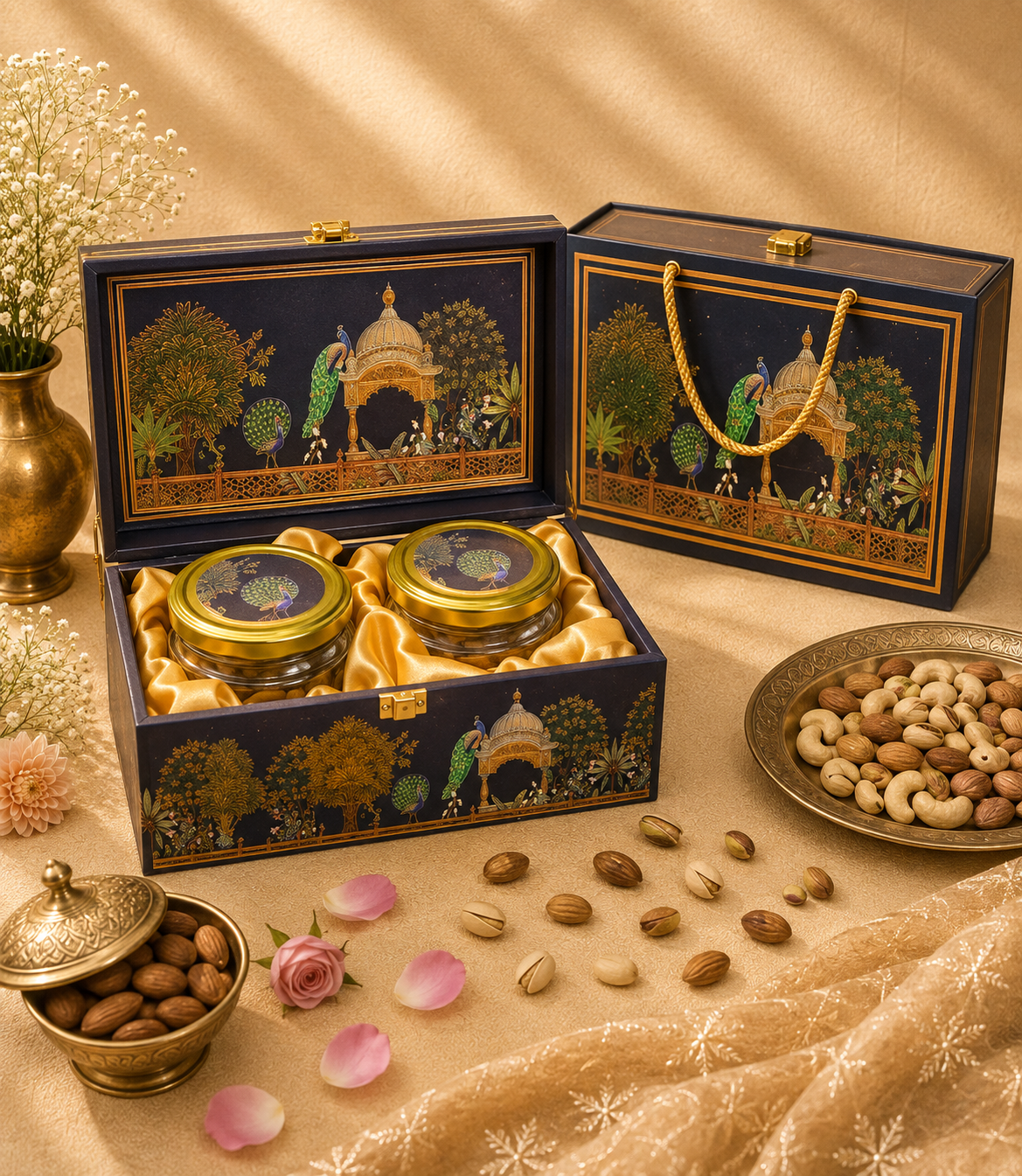 Ammari Midnight Garden corporate gift hamper in a navy blue peacock garden-motif box