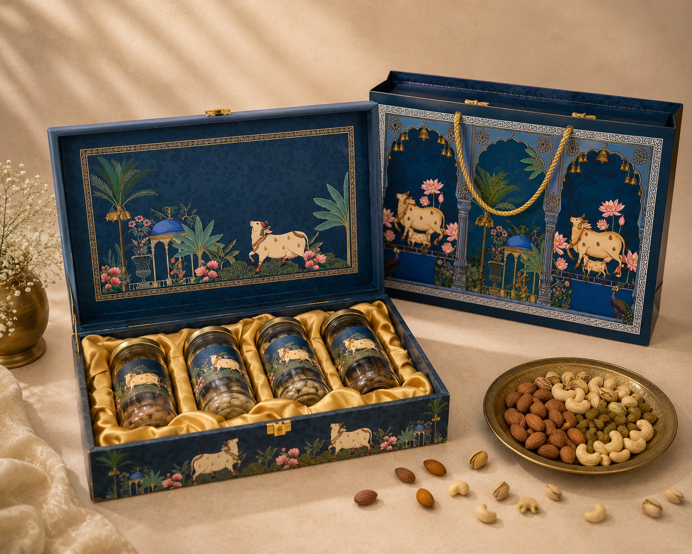 Ammari Pichwai Heritage corporate gift hamper in a navy blue Pichwai cow-motif box with four jars