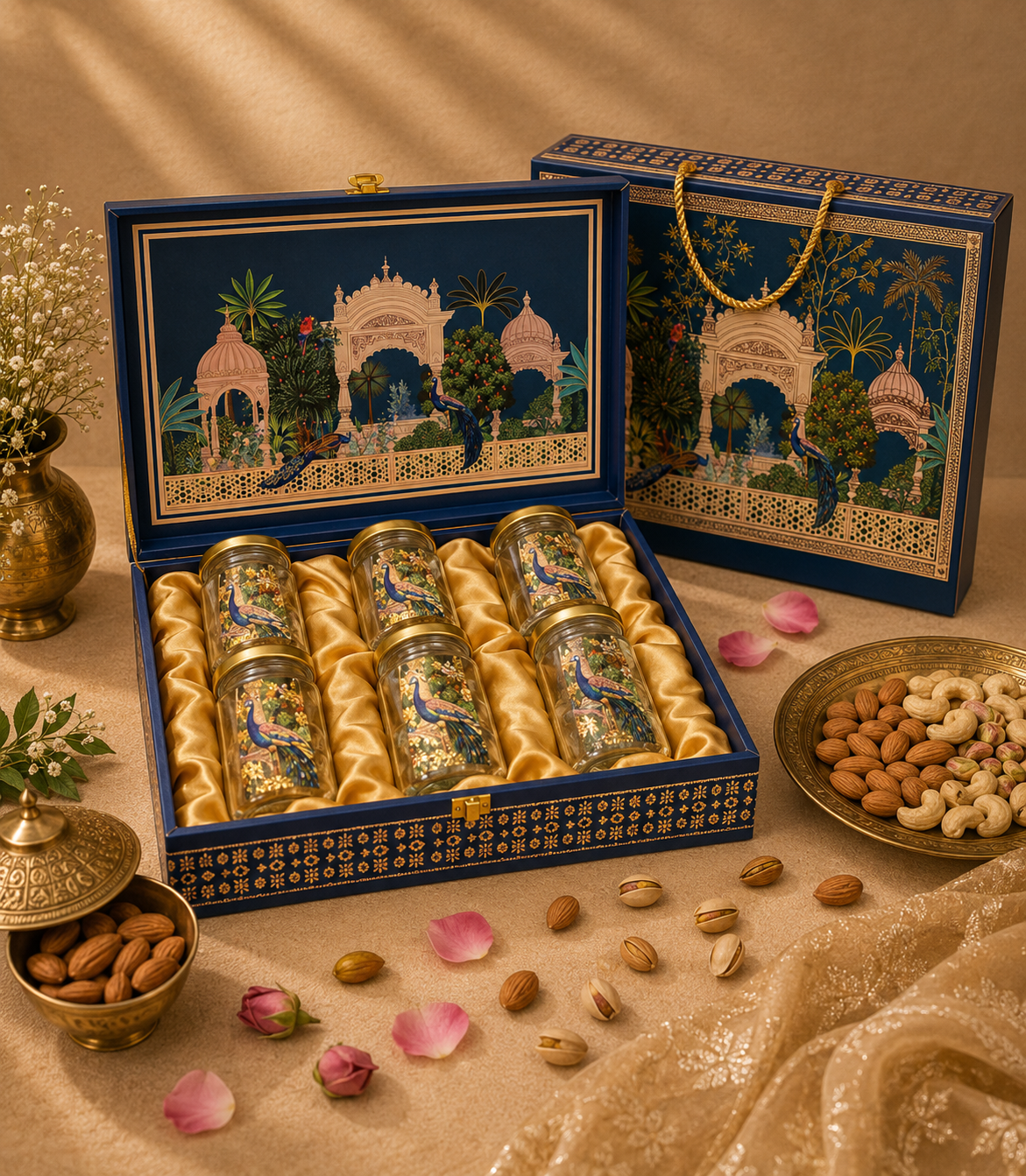Ammari Royal Terrace corporate gift hamper in a deep teal palace-dome motif box with six jars