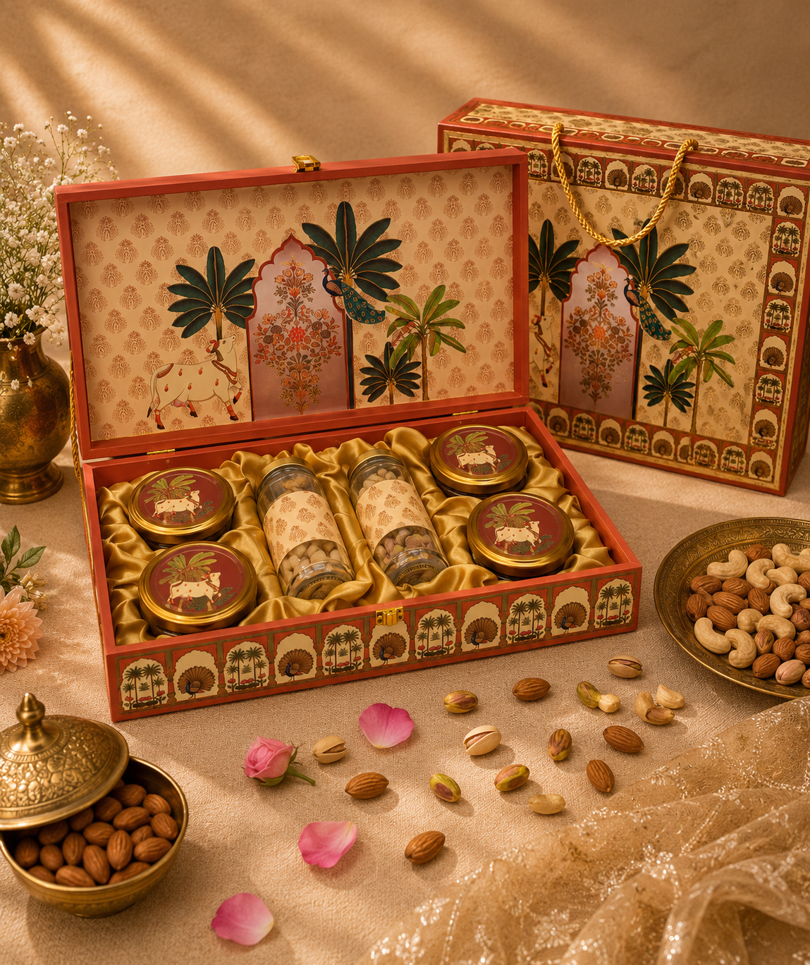 Ammari Rustic Pichwai corporate gift hamper in a rust red Pichwai cow and palm-motif box