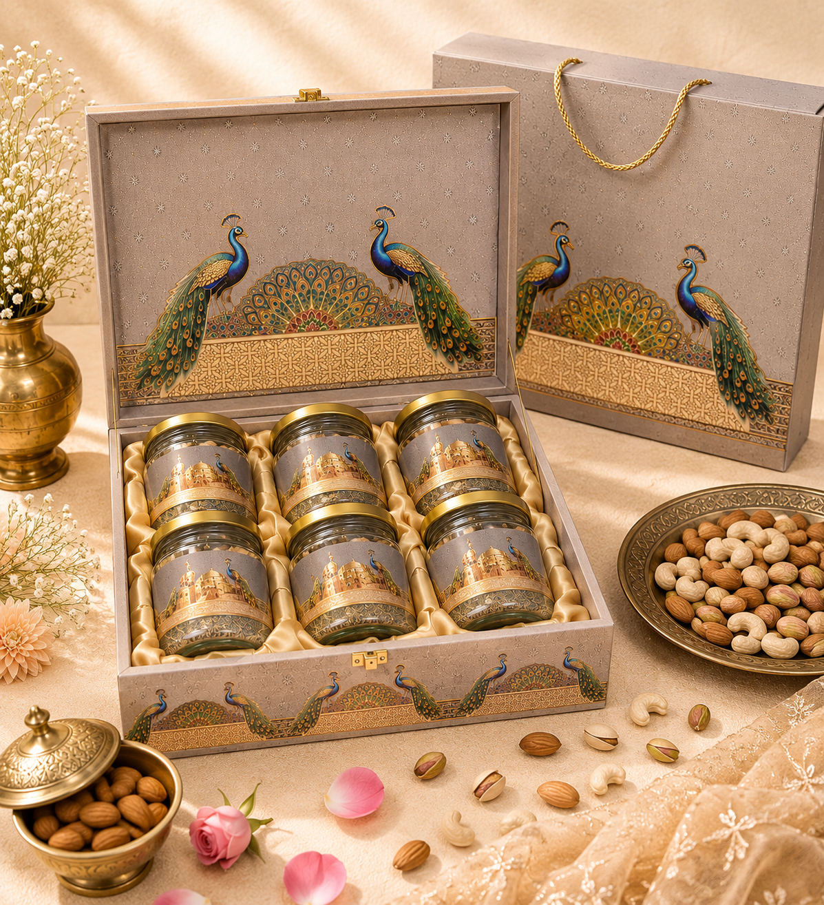 Ammari Silver Mahal corporate gift hamper in a silver twin-peacock motif box with six jars
