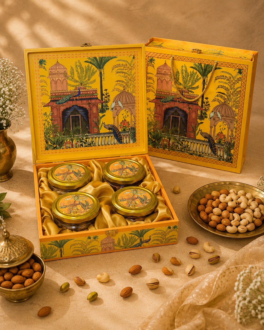 Ammari Sunshine Haveli corporate gift hamper in a yellow palace courtyard-motif box with four jars