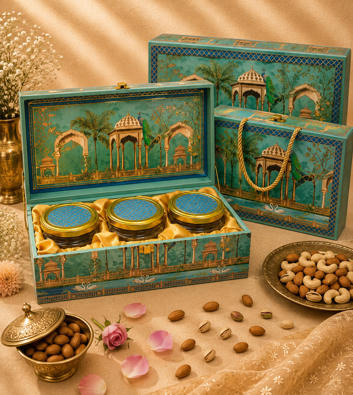 Ammari Turquoise Swan corporate gift hamper in a turquoise palace and swan-motif box