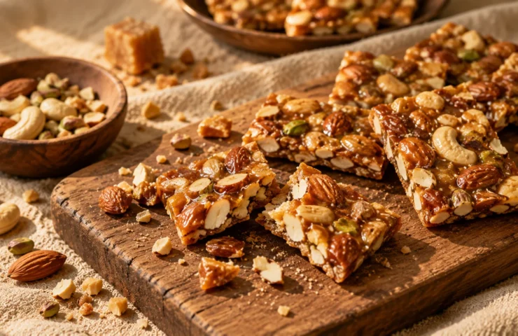 Dry fruit chikki made with jaggery, almonds, cashews and pistachios, broken into pieces on a wooden board