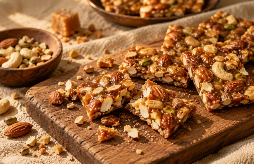 Dry fruit chikki made with jaggery, almonds, cashews and pistachios, broken into pieces on a wooden board