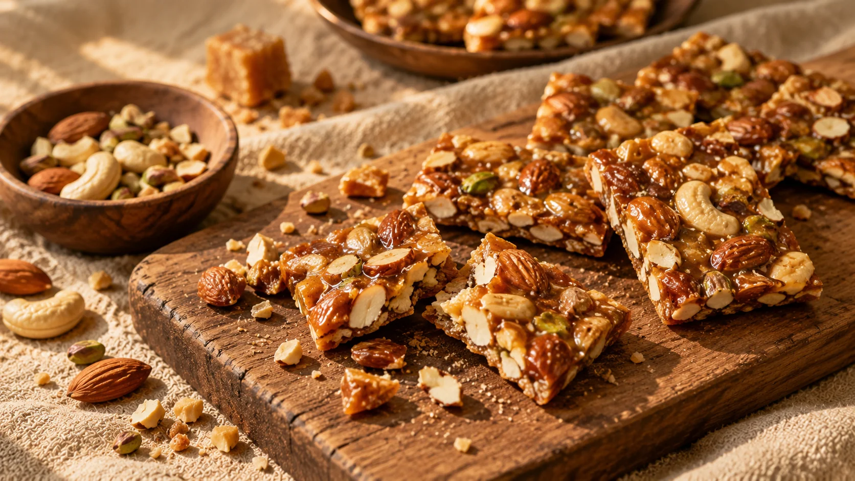 Dry fruit chikki made with jaggery, almonds, cashews and pistachios, broken into pieces on a wooden board
